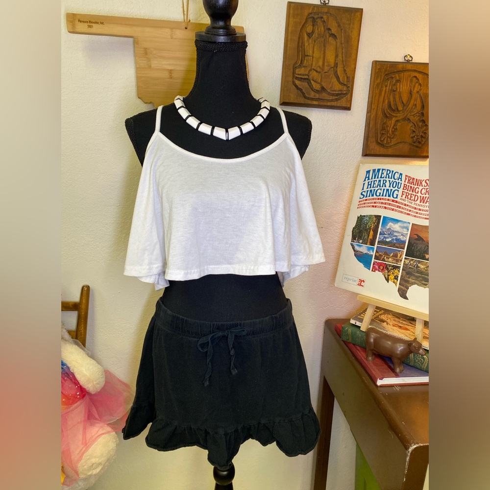 Vintage Y2K Low Rise Micro Mini Skirt Black Medium 100% Cotton Drawstring Ruffle